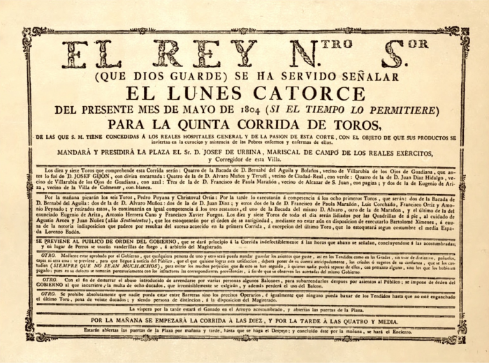 Cartel de corrida de toros en la villa de Madrid. de 1804